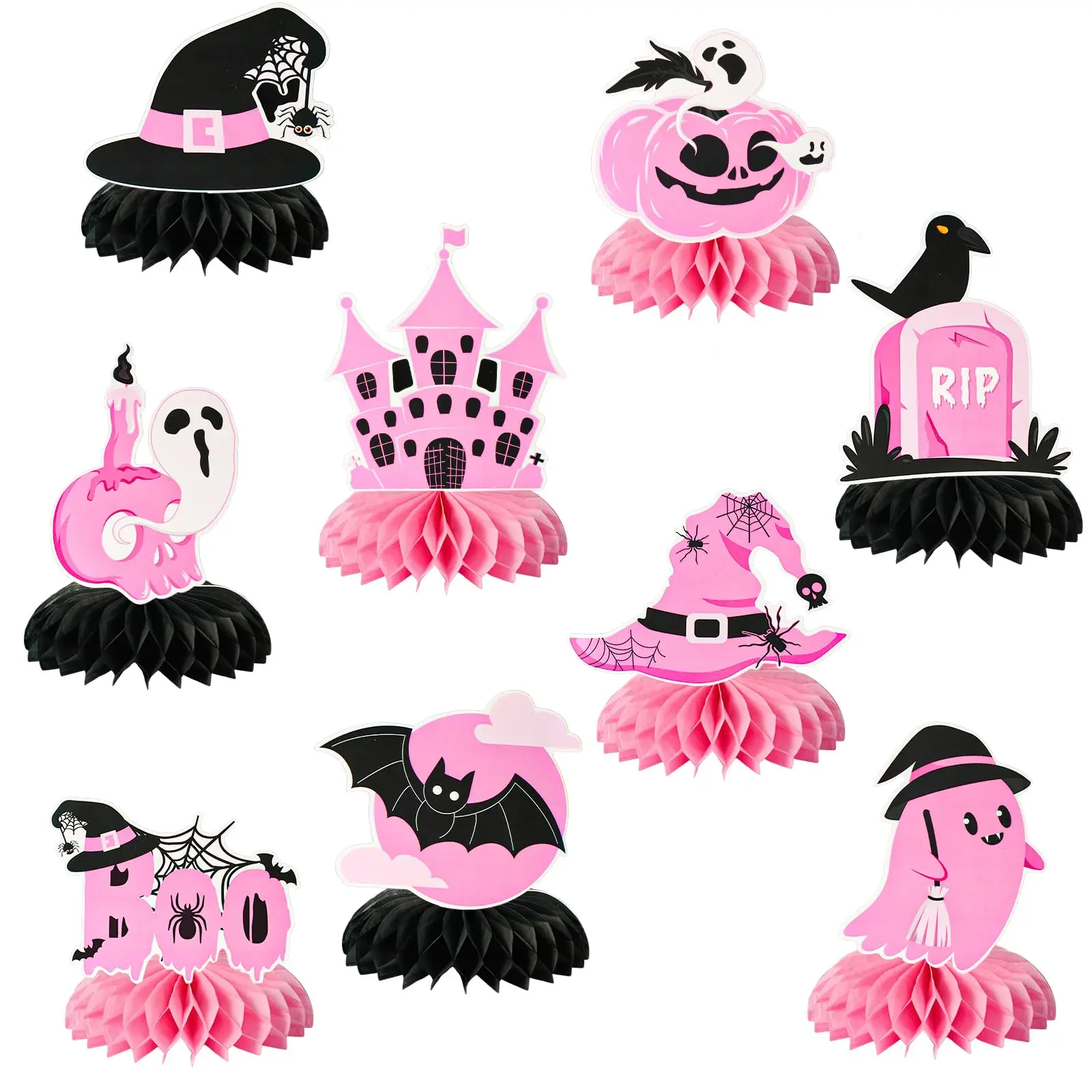 

9 шт., центральные элементы в виде сот на Хэллоуин, розовый, черный, бумажный декор стола, тыква, призрак, летучая мышь, шляпа ведьмы для девочек, детский душ, день рождения
