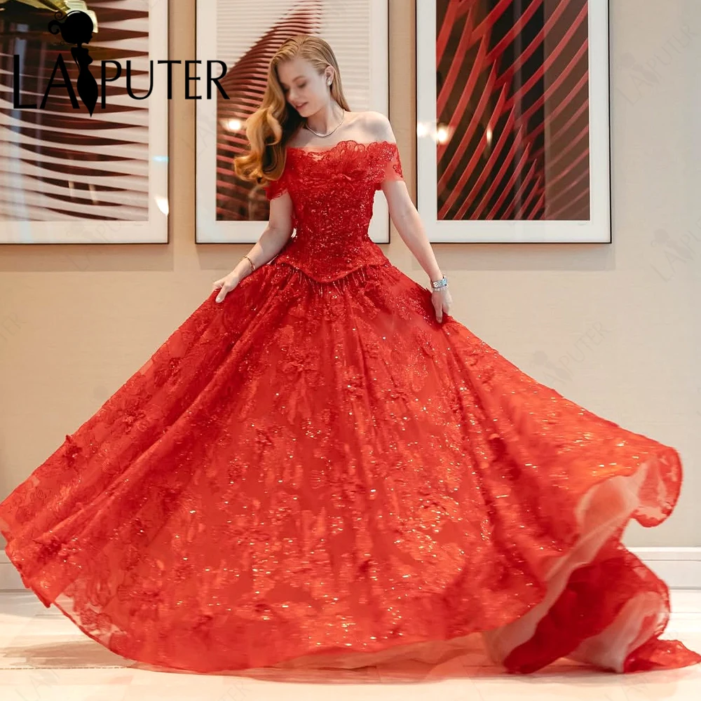 

Роскошные красные свадебные платья с блестками и цветочным кружевом, пышное красное свадебное платье трапециевидной формы с открытыми плечами и широкими рукавами, блестящее платье невесты 2025