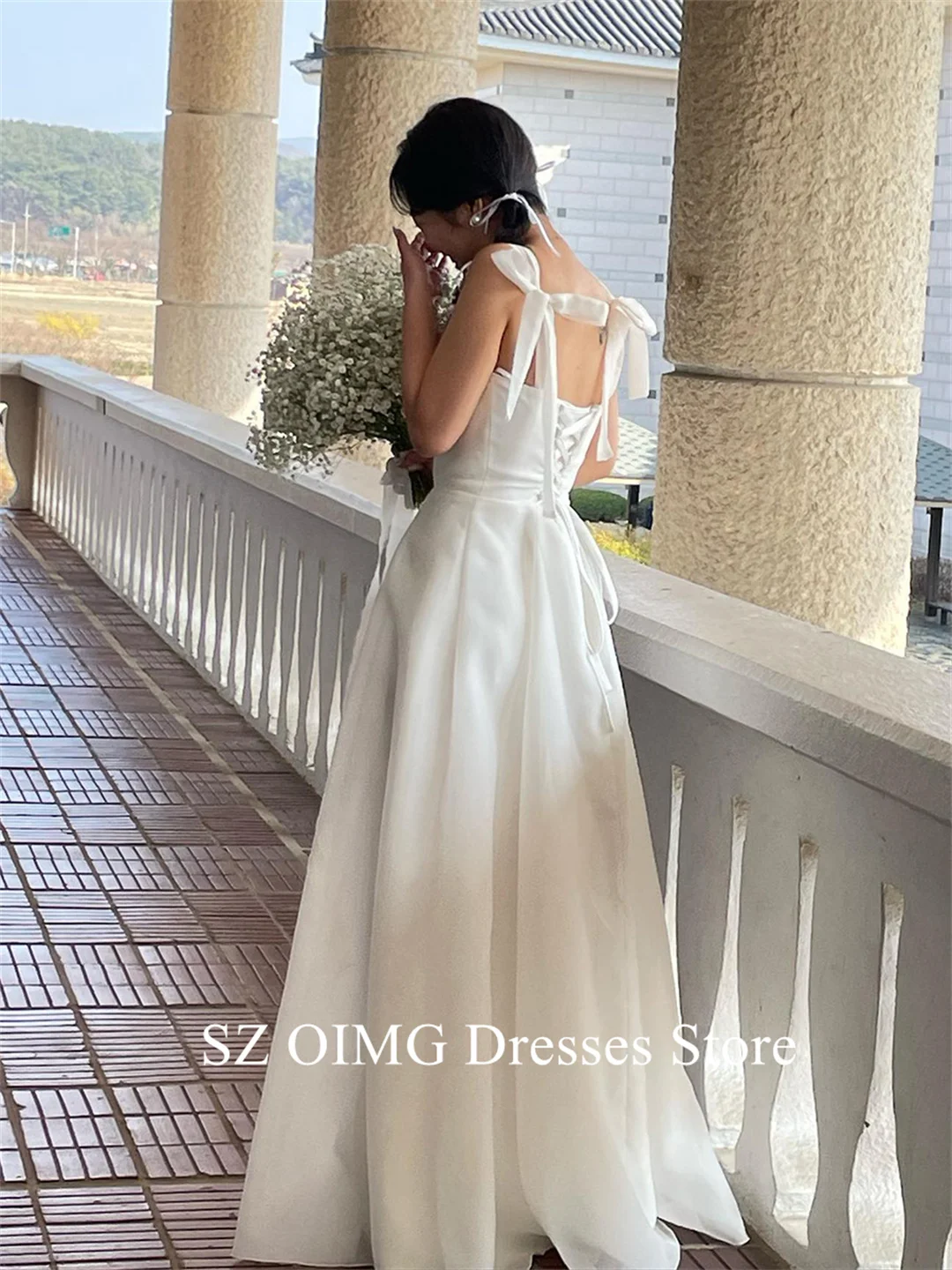 OIMG-vestidos de novia coreanos sin mangas, fruncidos, tirantes finos, hasta el suelo, elegantes vestidos de novia de campo marfil, vestido de novia Formal