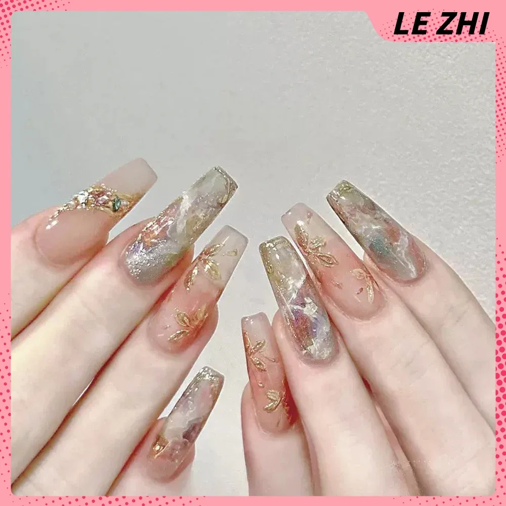 Y2K Wearable Press On Nails Chinese Style French Gradient Dark Wind Fashion Long Almond Full Cover Nail Tips Nail Party Stickers