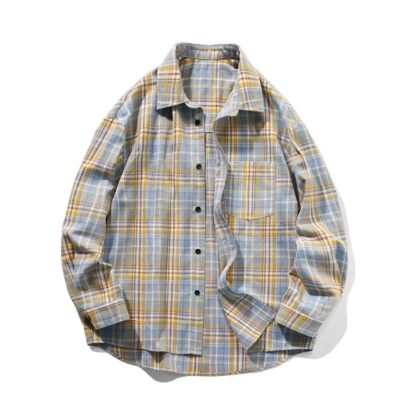 

Men's Spring Vintage Plaid Long-sleeved Shirt, Men's Trend Fashion Spell Color Loose Lapel Casual Patchwork Shirt with Pockets