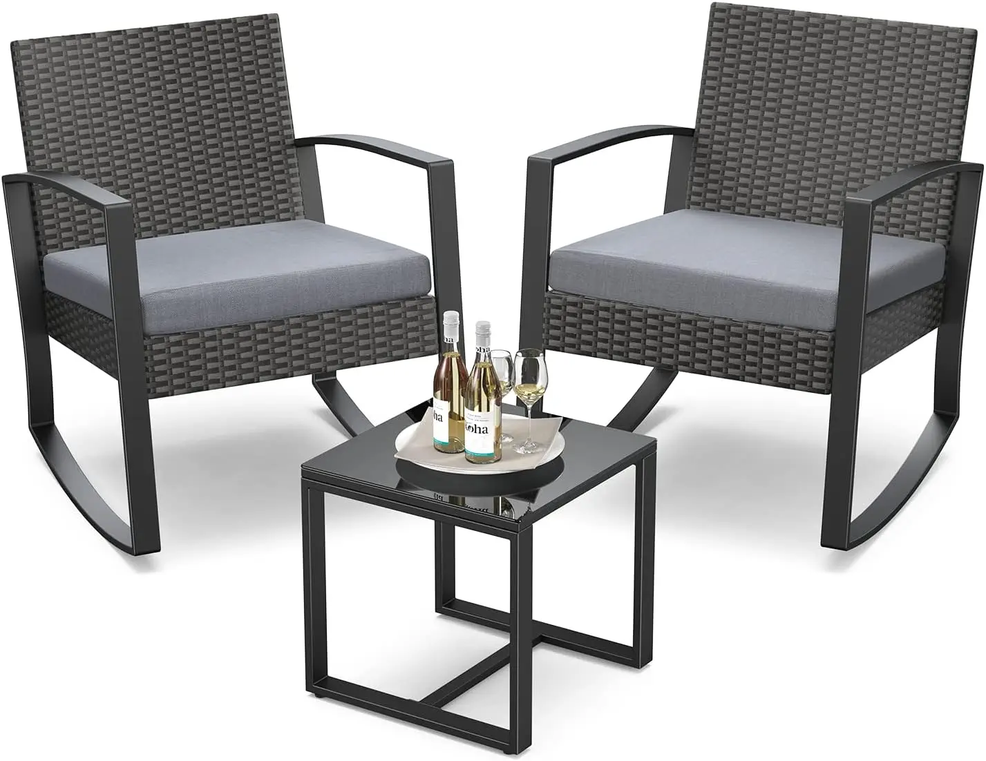 3 Pieces Patio Furniture Set Rocking Bistro Set Outdoor Rattan Conversation with Coffee Table for Garden Balcony Backyard