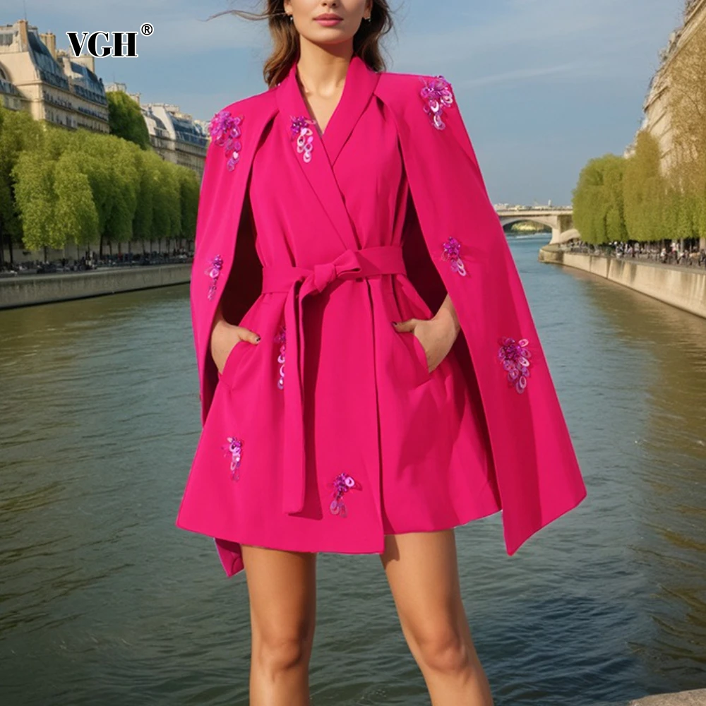 سترة شال أنيقة فضفاضة مرقعة من VGH للنساء بياقة مدببة بدون أكمام معاطف مزاجية بأربطة معاطف نسائية عصرية جديدة #1