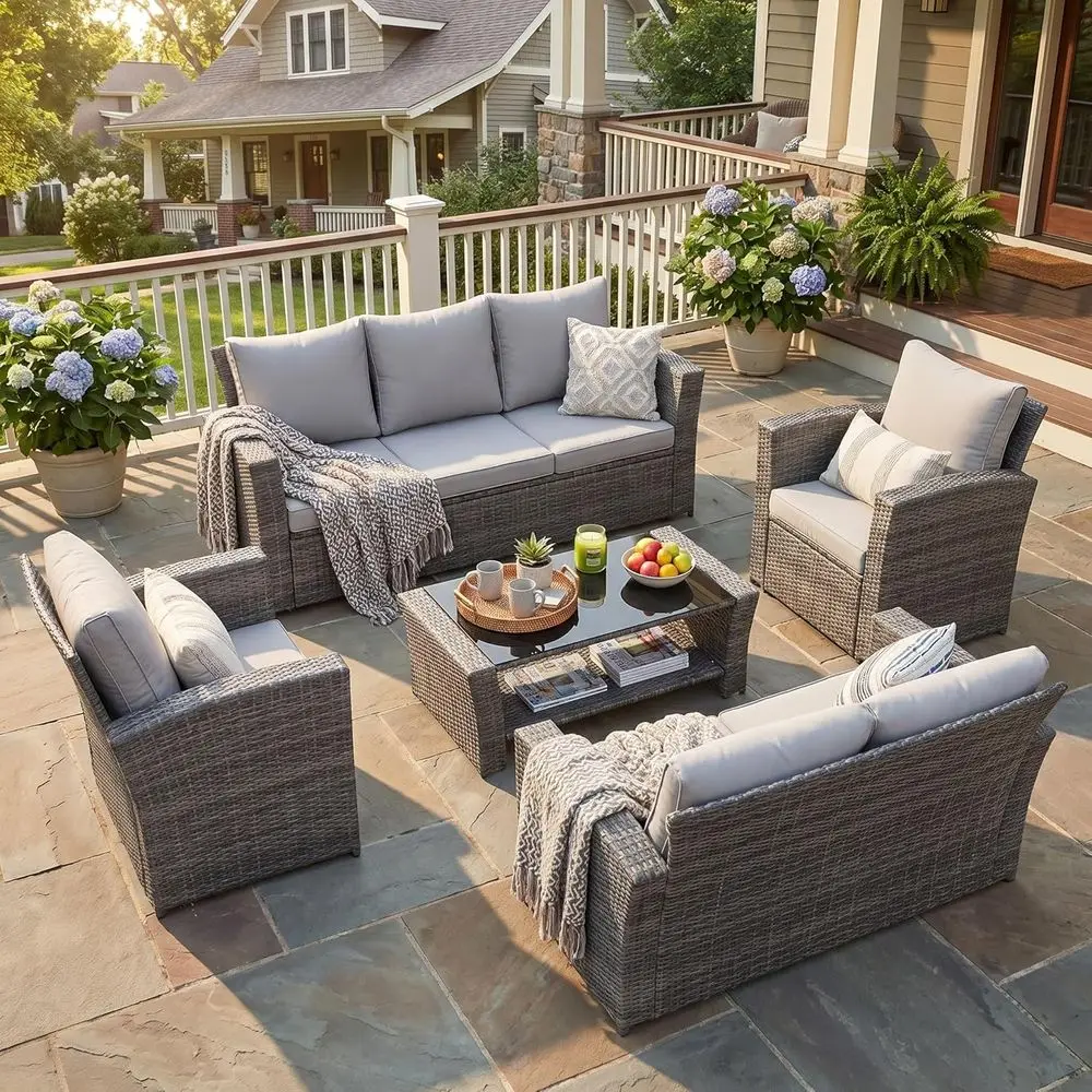 

Patio urniture Set, 5 Pieces Wicker Outdoor urniture or All Weather, Patio Soa with High Backrest Support and Wide Armrest or Ba