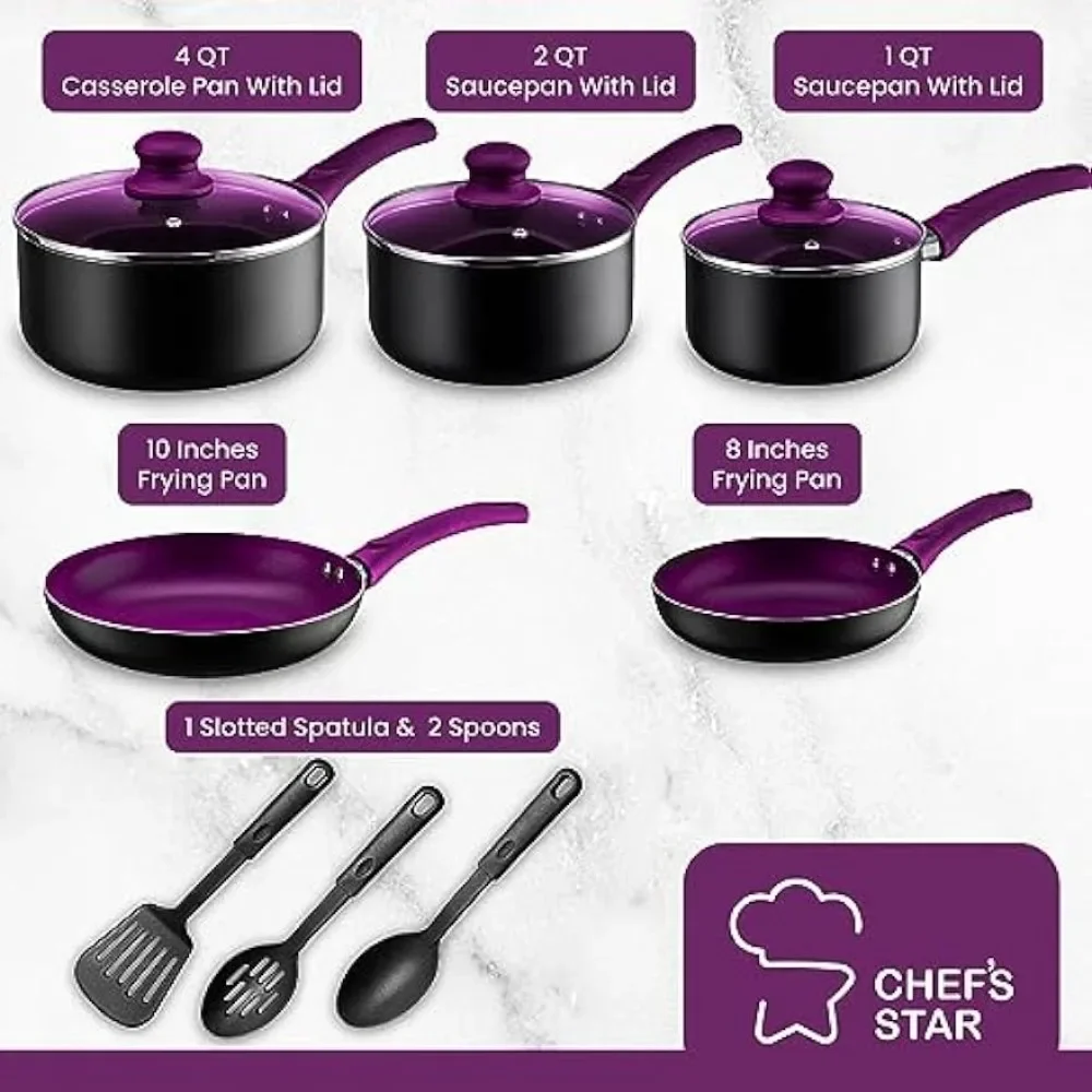 Imagem -02 - Conjunto de Panelas e Frigideiras Chefs Star Conjuntos de Panelas de Cozinha de Alumínio Antiaderente Essentials de Cozinha 11 Peças Roxo