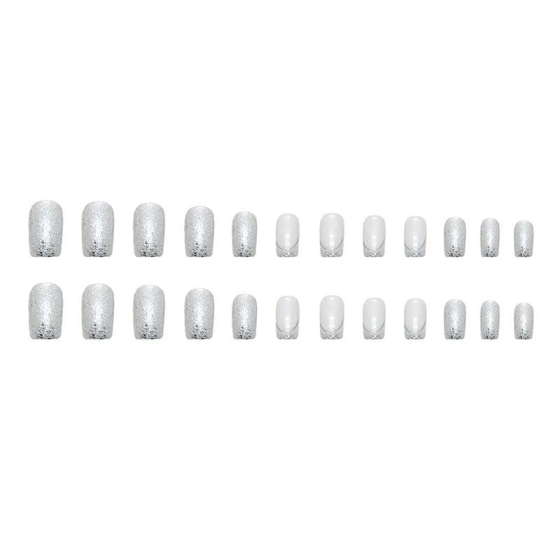 Imprensa francesa em unhas postiças para meninas, quadrado médio, brilho, prata, branco, barato, prego falso, moda acrílica, removível, verão, 24pcs