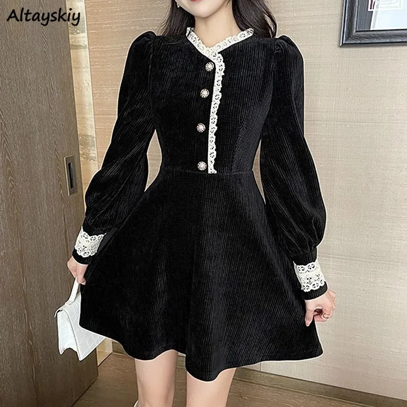 Corduroy Mini Black Dresses Women Long Sleeve Lace Spliced V-neck Elegant Defined Waist Graceful Autumn Winter Vestidos Popular