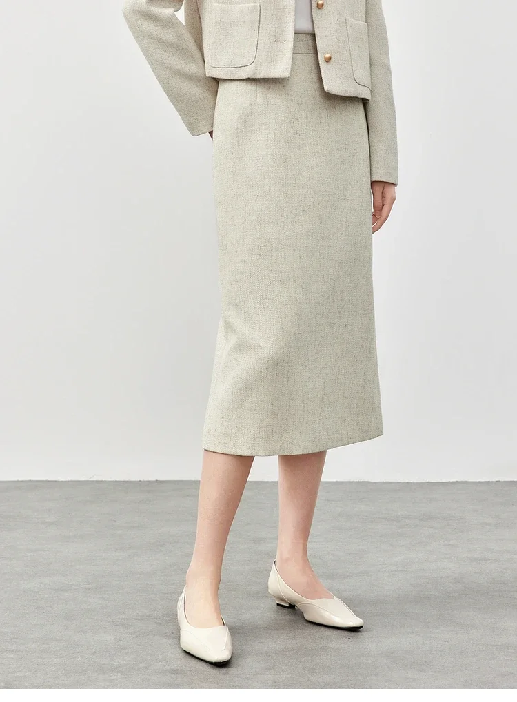 SENTUBILA Tweed Gonne dritte per le donne 2025 Primavera Autunno AAalbicocca Miscela di lino Slit-hem Pendolarismo Elegante gonna semplice 151Q58662
