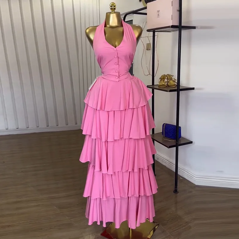 

Doyerl Elegant Party Birthday Dress Sets Woman 2 Piece Set Outfit Halter Backless Vest Top+cascading Ruffles Skirt Matching Sets