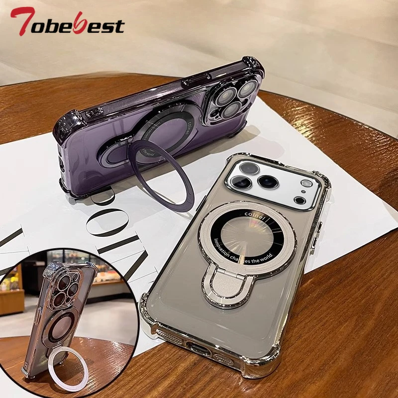 Capa magnética transparente à prova de choque com suporte magsafe para iphone 17 air 16 16e 15 14 plus13 12 11 pro xs max xr capa de silicone