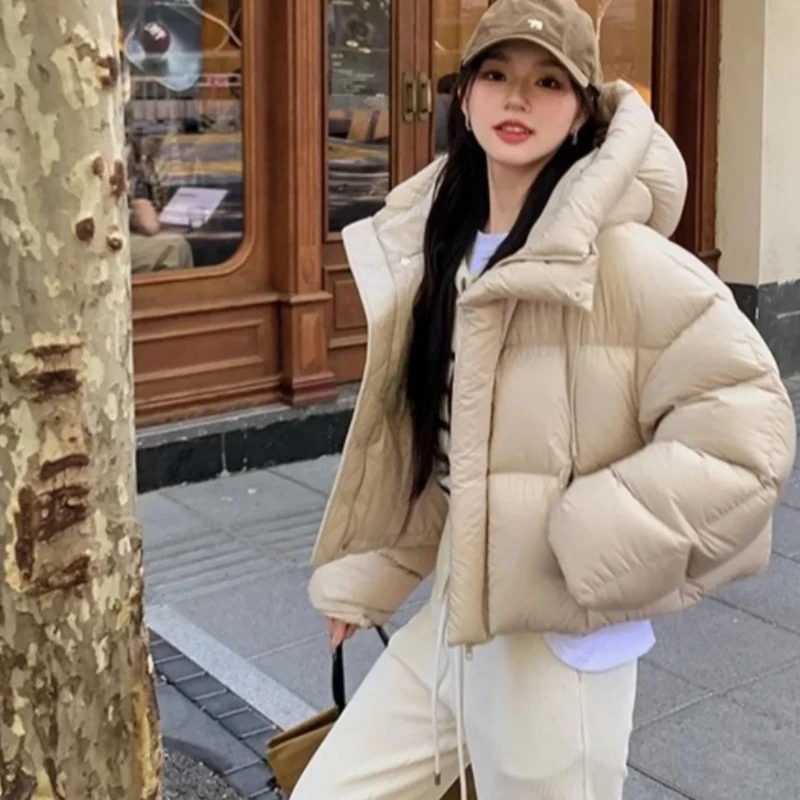 2025 المرأة الكورية الجديدة الشتاء قصيرة عارضة قلنسوة بسحاب فضفاض سميكة الخبز القطن معطف الراقية سترة