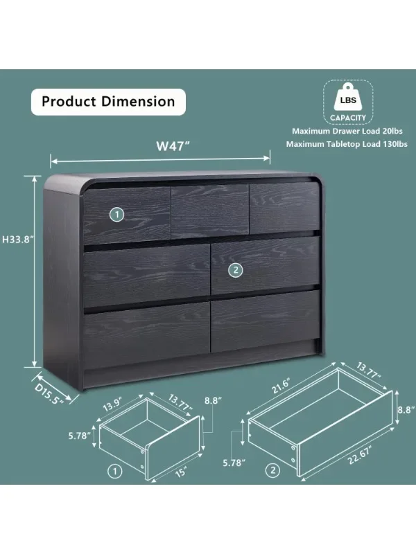 Modern 7 Drawer Dresser for Bedroom, 47” Wide Solid Wood Dresser and Chest of Drawers with Curved Profile Design