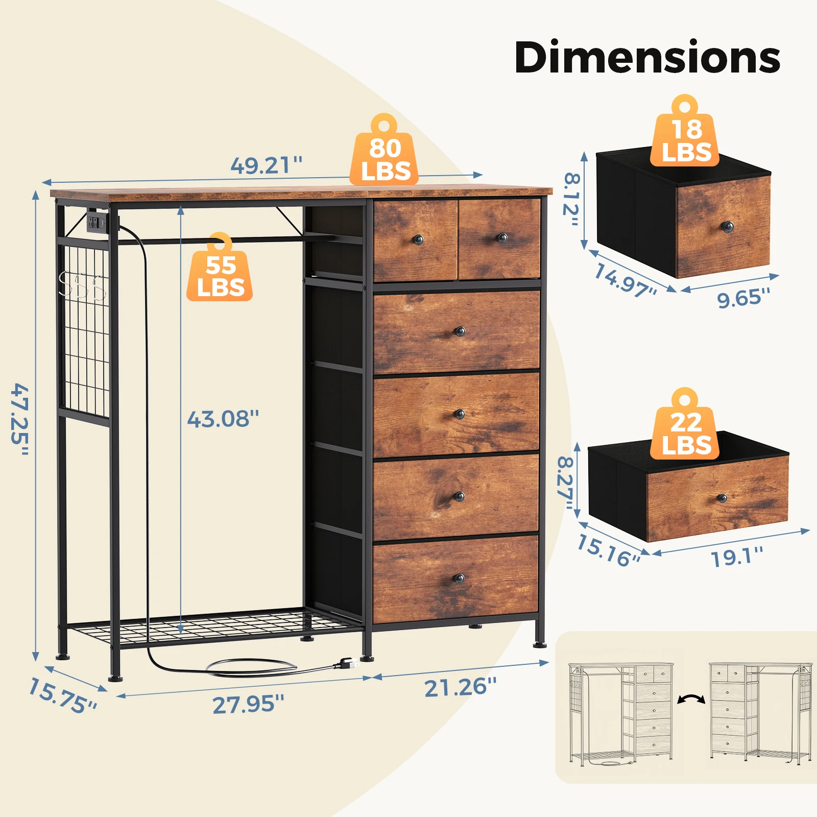 MCQ 6 Fabric Drawers Cabinet with Hanging Rack For Living Room Storage Cabinet Organizer Beside Nightstand Dresser Tables Display Furniture