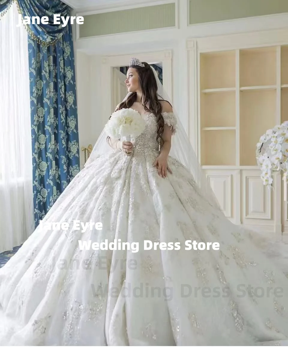 ジェーン・エア豪華なプリンセスボールガウンウェディングドレスレースアップリケブライダルガウンカスタマイズされたショルダー Vestido De Noiva