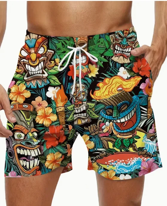 Men\'s Ethnic Style Skull Pattern Board Shorts With Drawstring Chic And Trendy Shorts For Summer Beach Holiday Leisurewear Shorts