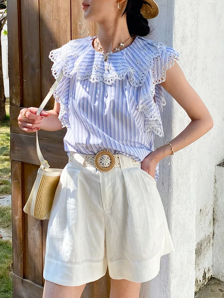 

Синяя полосатая блузка с рюшами и кружевом для женщин, лето 2026, в стиле бохо, с вышивкой, без рукавов, французская элегантная рубашка, пляжный топ