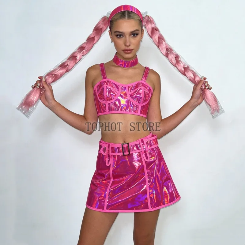 

Sexy Bar DJ Gogo Dance Costume Fluorescent Laser Tops Skirt Braid Wig Stage Rave Outfit Festival Party Show Performance Clothes
