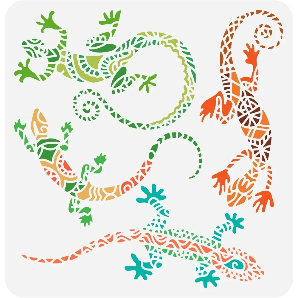 Lizards Stencils 11.8x11.8 inch Plastic Aztec Lizard Pattern Painting Stencil Geckos Stencil Reusable Mixed Media Lizard