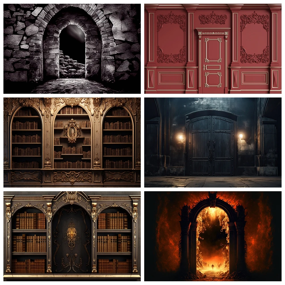 

Retro Library Bookshelf Gothic Monastery Wall Adult Children Portrait Party Decoration Background Photo Studio Portrait Photo