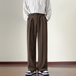 Japanese Vintage Drape Pants Men Spring Summer Korean Coffee Color Suit Pants Loose Straight Casual Pants Button Trousers S-3XL