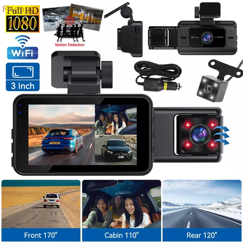 

3 Camera Dash Cam For Cars Car DVR 1080P WIFI Car Dvr 3Inch Video Recorder Rear View Camera G-Sensor Black Box Car Accessory