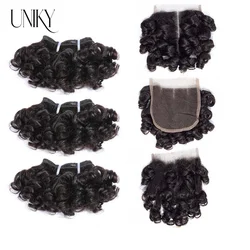 Indian Short Bouncy Curly Hair Bundles with Closure Remy Human Hair 3 Bundles With Lace Closure Middle Part Wholesale Hair