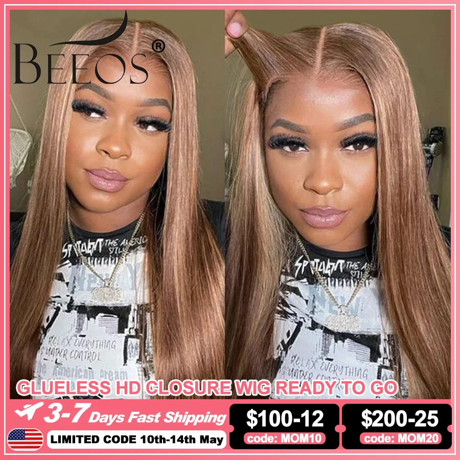 BEEOS Glueless Highlight Wig Human Hair Ready To Wear Preplucked Silky Straight 5x5 HD Lace Closure Wig For Women 250% Brazilian