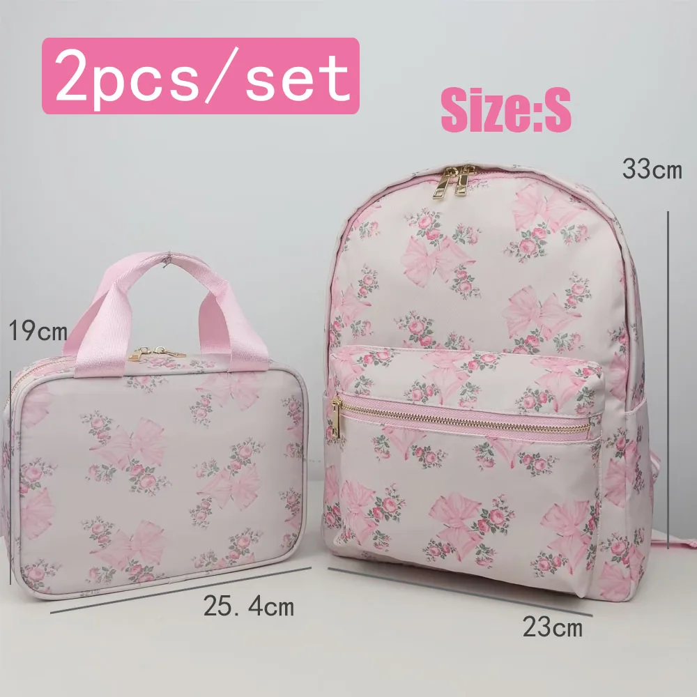 

Классический нейлоновый классический рюкзак с бантом, 2 шт., водонепроницаемая школьная сумка, сумка для обеда для девочек, маленькая студенческая сумка для хранения с розовым синим бантом