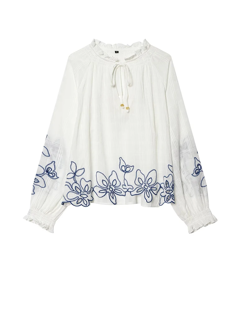 

Women White Floral Embroidered Blouse Long Sleeve Ruffle Neck Tie Front Boho Tops Shirts