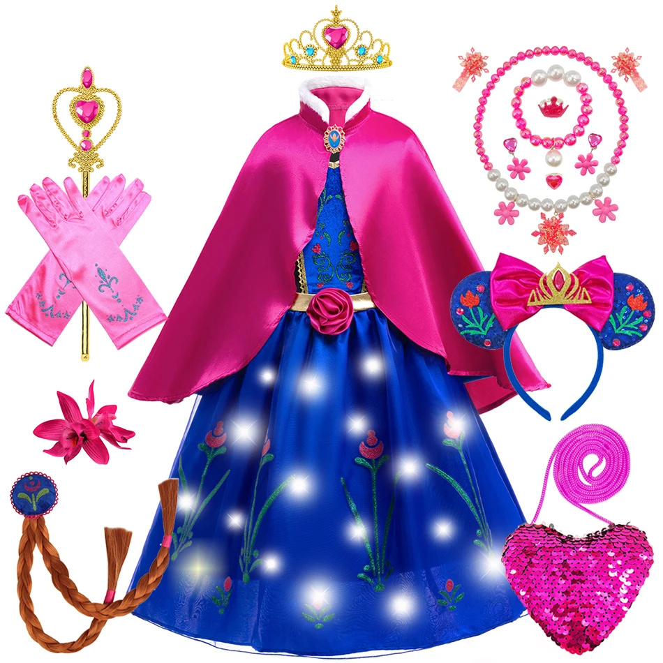 Robe de Princesse Anna à Manches sulfpour Fille, Costume Floral Cosplay, Vêtements Reine des Neiges, pour Anniversaire, Halloween, Noël