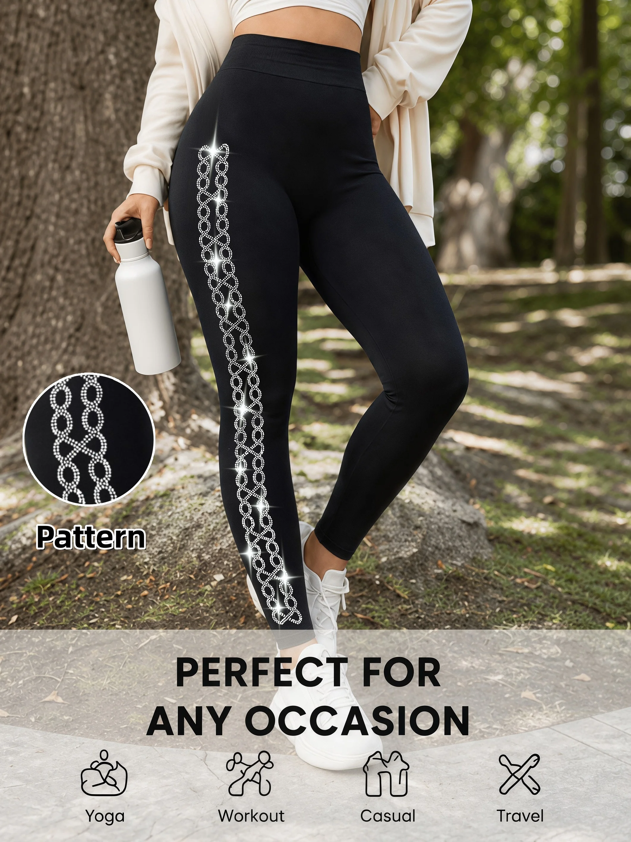 Damen-Leggings mit seitlicher Doppelketten-Strassverzierung, Trendige Hochelastische Hosen für Yoga, Cardio-Workout, Urlaub und Ausflüge – Detail 1