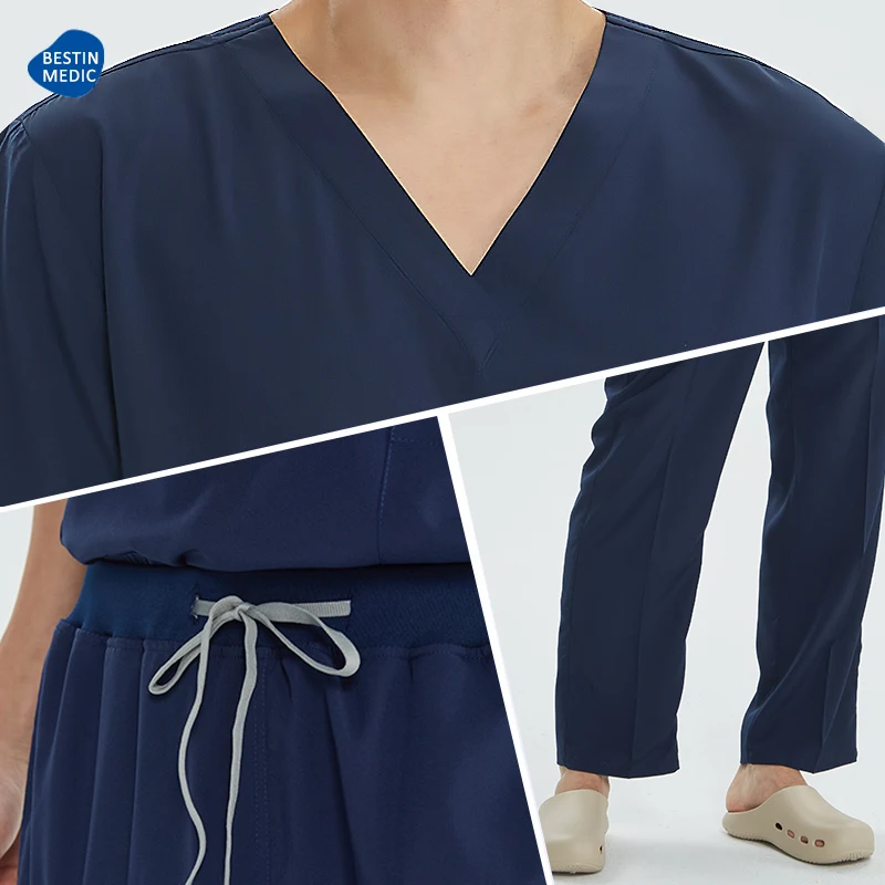 High Quality Men Medical Uniform Scrub Sets V-Neck Top Drawstring Pants Hospital Doctor Outfit Dental Nursing Slim Suit S23
