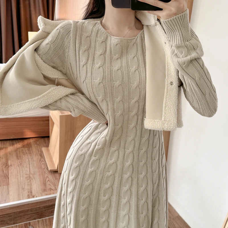 Chic Korean Autumn Winter Knitted Long Sweater Dress Elegant Women Round Collar Twisted Thick Warm Loose A Line Maxi Vestidos