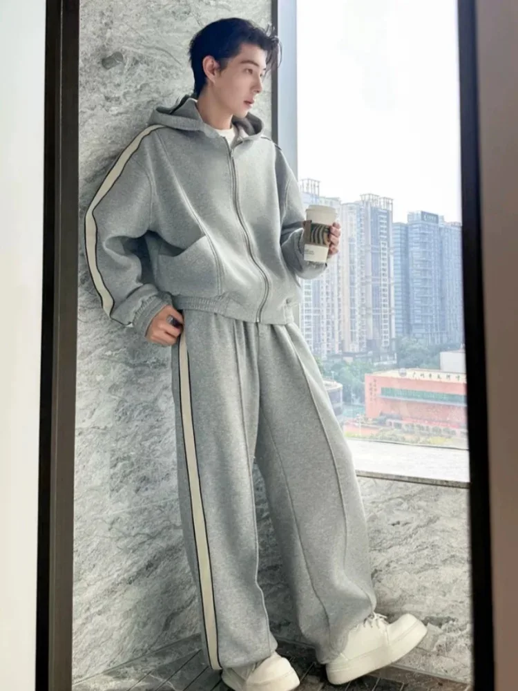 

Модный спортивный повседневный комплект: мужские трендовые брюки прямого кроя с тканым поясом, худи, кардиган с длинными рукавами из смесового хлопка