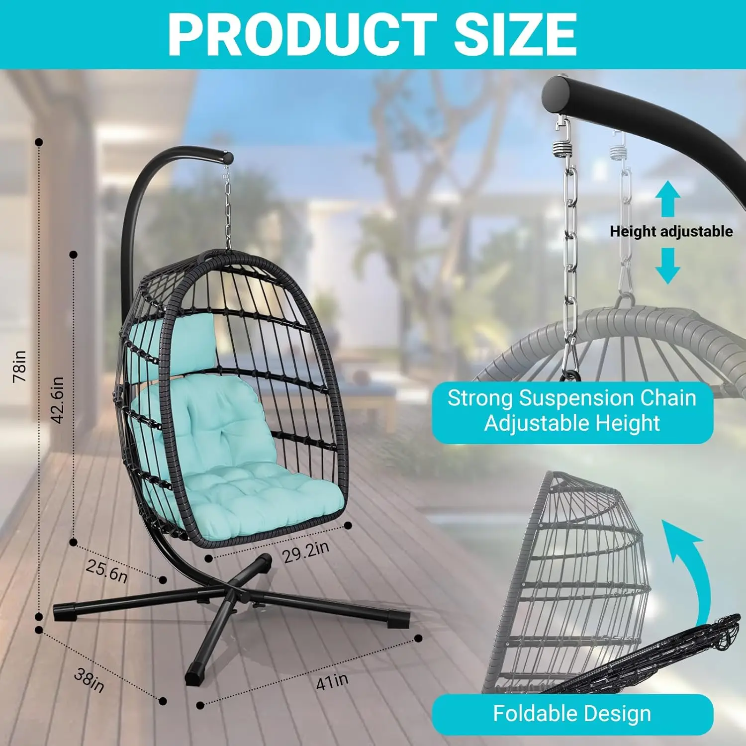 Egg Chair w/ Stand – Rattan Swing, 350 lbs, UV Cushion, Aluminum Frame