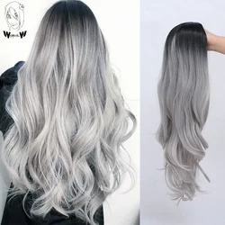 Grillige W Synthetische Lange Golvende Ombre Pruiken Zwart Grijs Synthetische Pruik Voor Vrouwen Party Cosplay Hittebestendige Haar