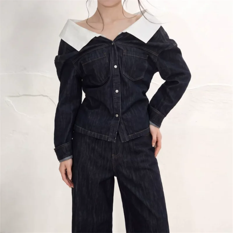Chic Slash Neck Long Sleeve Dark Blue Denim Shirt Top 2026 New Fall Women Off Shoulder Color Contrast Casual Short Jacket Coat