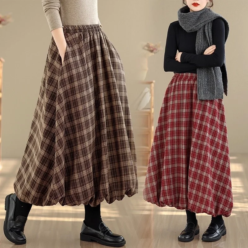

Autumn And Winter Plaid Skirt Women Oversized New Versatile Retro High Waist Mid Length Skirt With Pockets w1526