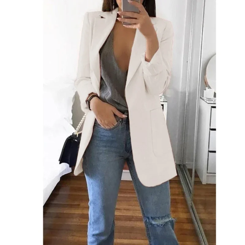 White Long Blazer Women Korean Slim Ol Style Work Blazer Black Long Sleeve Cardigan Coat Autumn Ladies Elegant Dress Suit Jacket