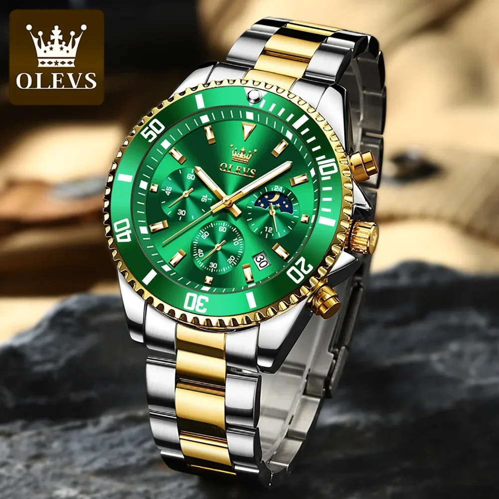 OLEVS Stainless Steel Strap Multifunctional Three-eye Men Wristwatches Quartz Waterproof Fashion Watch for Men Luminous Calendar