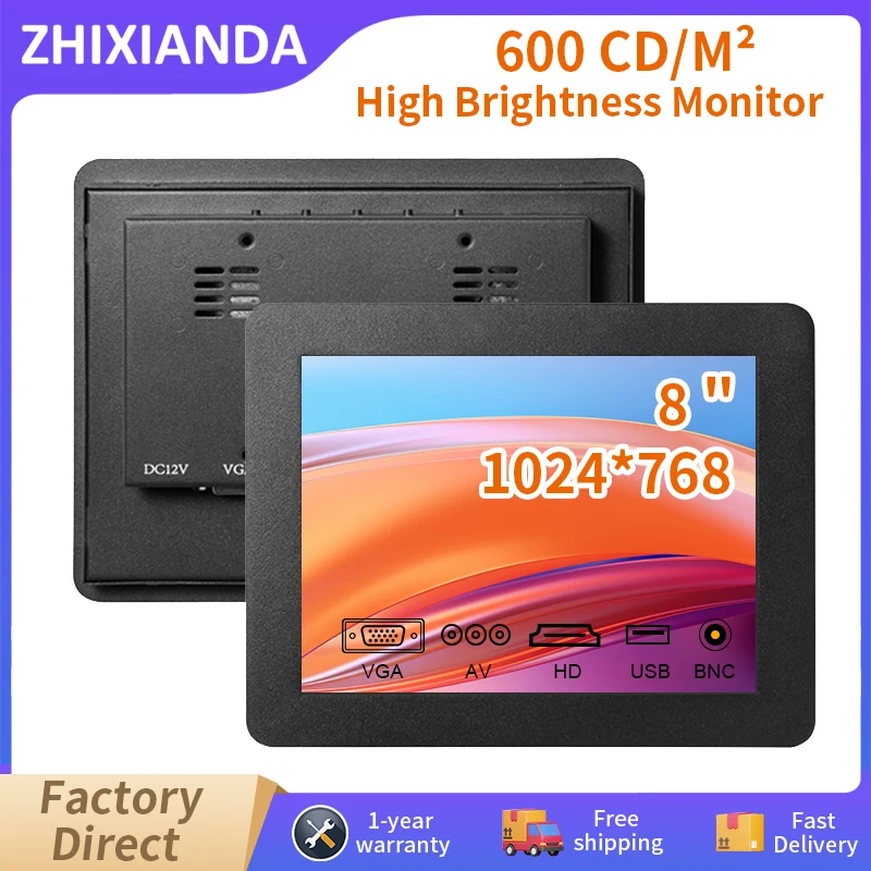 8 Inch High Brightness 600 Nits Capacitive Touch Screen Embedded Monitor 1024x768 Panel Mount Industrial Resistive LCD Display