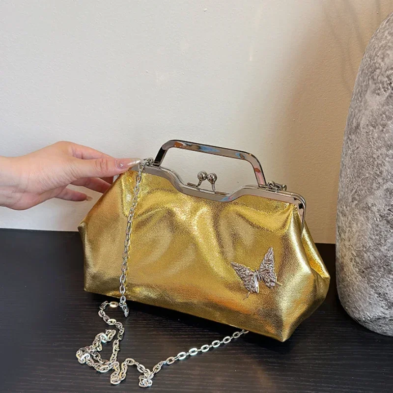 Fashionable Clasp Evening Bags for Women Bright-faced Cloud Bag Ladies Chain Shoulder Bag Luxury Silver Purse Gold Bow Handbags