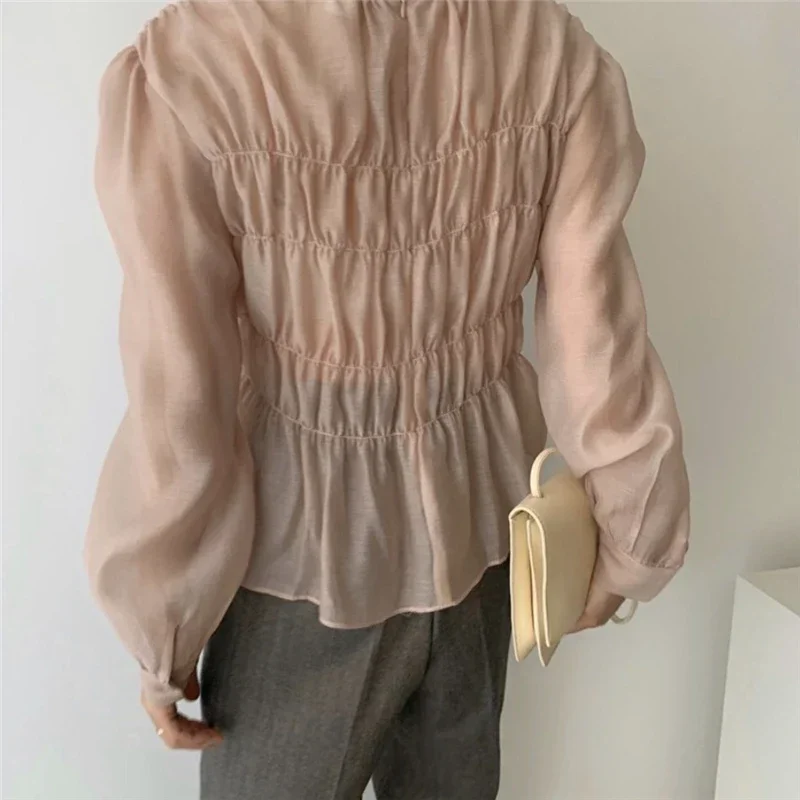 2024 Spring Blusa O-Neck Puff Long Sleeve Blouse Korean Ins Solid Pleated Design Perspective Summer Shirt Fashion Clothing 11357