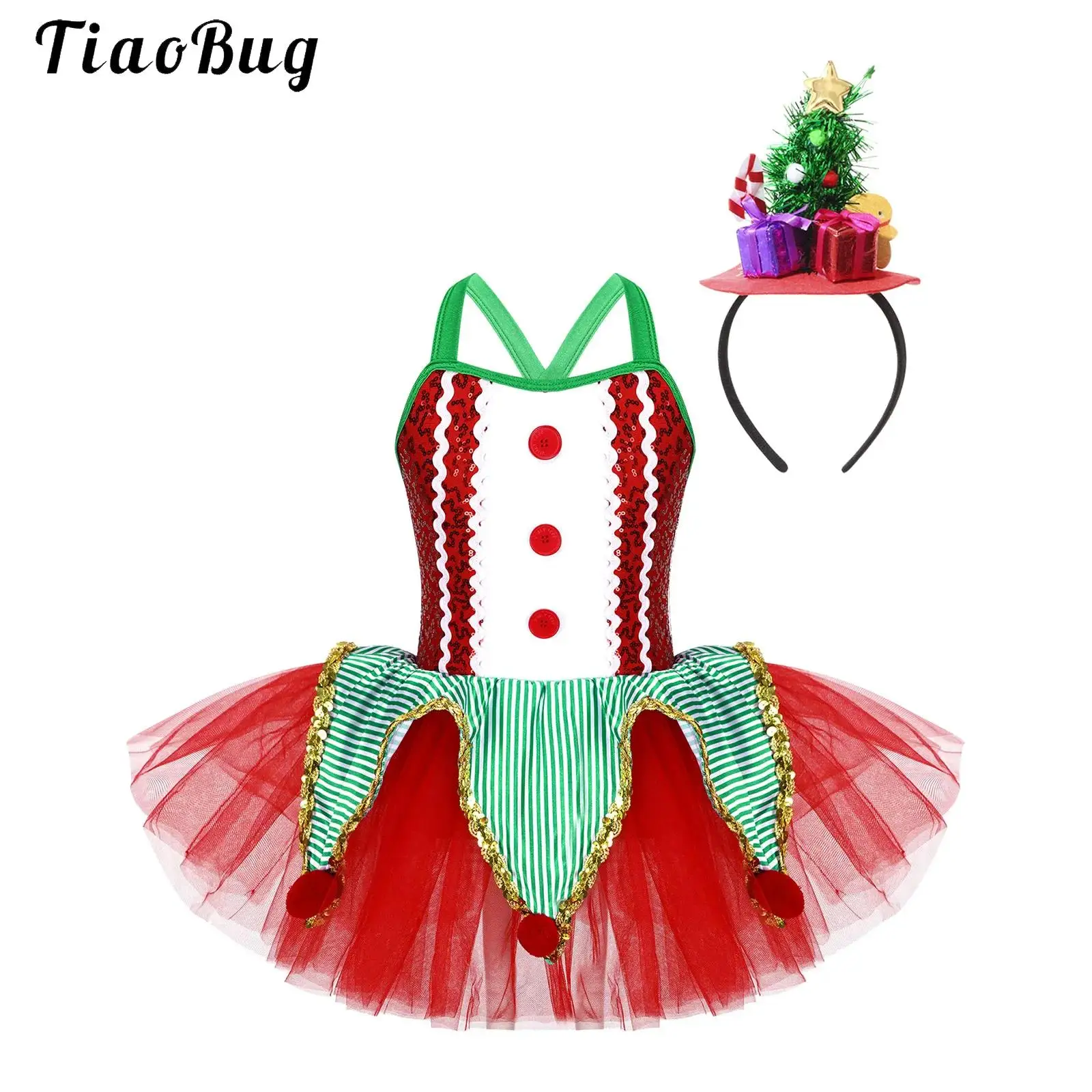 

Kids Girls Christmas Dance Costume Sleeveless Plush Balls Elf Circus Clown Outfits Mesh Tutu Ballet Figure Skating Leotard Dress