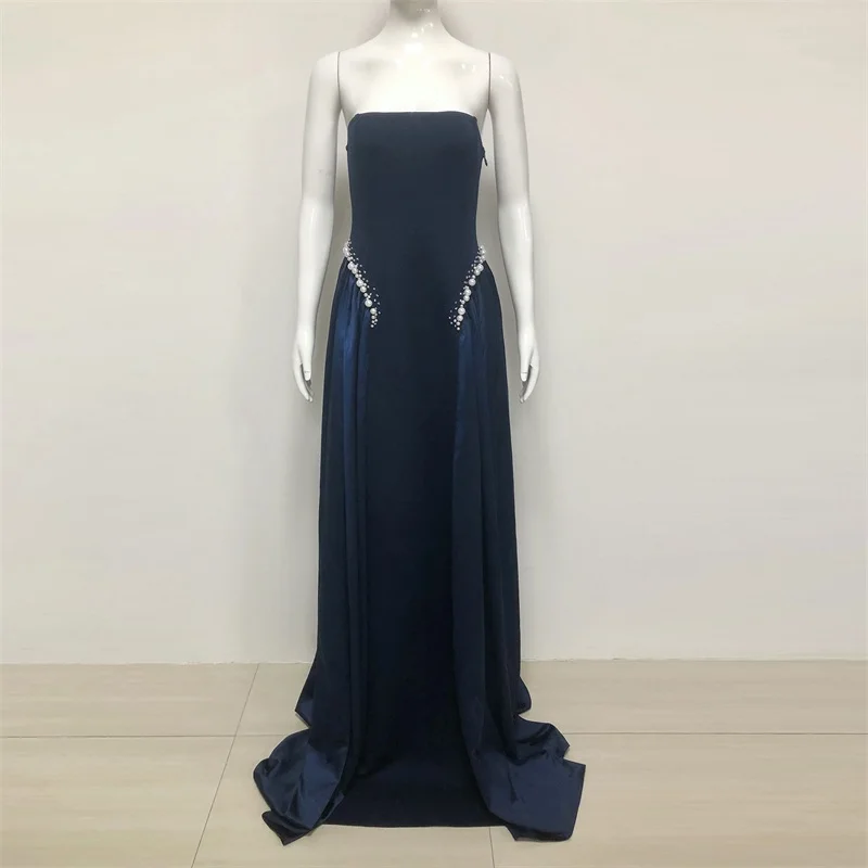 Perlen Blau Abendkleid Sexy Liebsten Lace Up Zurück Frühling Herbst Party Kleid Formale Hochzeit Gast Geburtstag Abend Robe