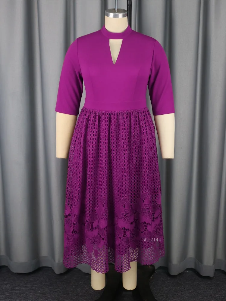 Vestidos midi de talla grande con cuello levantado y mangas 3/4 para mujer con dobladillo de encaje floral para eventos de iglesia y reuniones elegantes