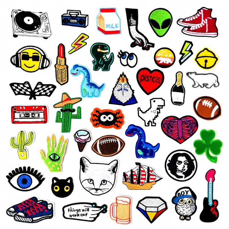 Dinosaur Eye Cat Heart Shoes Patches Embroidery For T-Shirt Iron On Appliques Clothes Jeans Stickers Badges Lightning Hand Beer