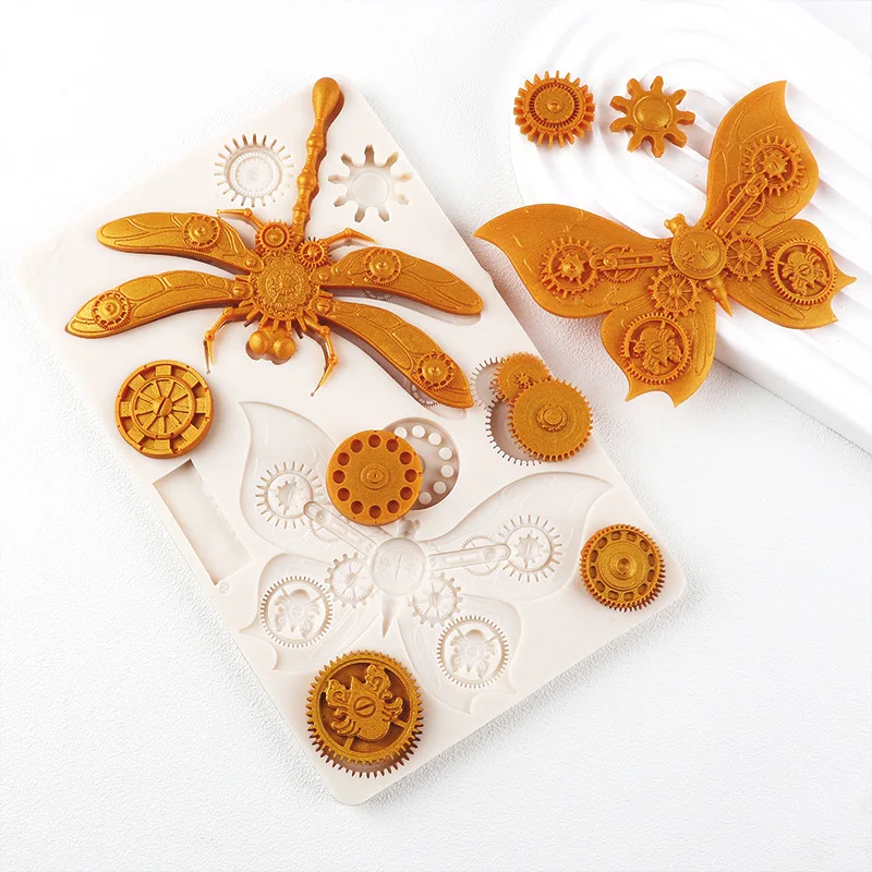 Baking Fondant Cake Mold Gear Butterfly Dragonfly Epoxy Mold Retro Key Lock Chocolate Silicone Mold Baking Accessories