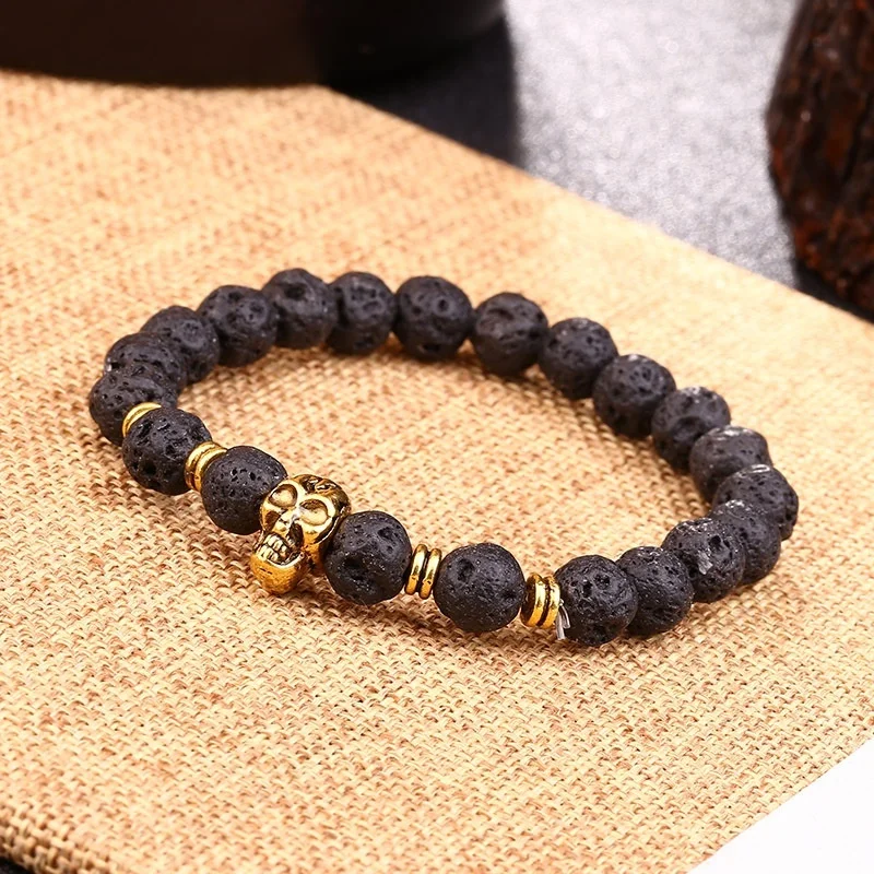 Bracelets Handmade Natural Black Volcanic Rock Punk Style Golden And Silver Skull Bracelets