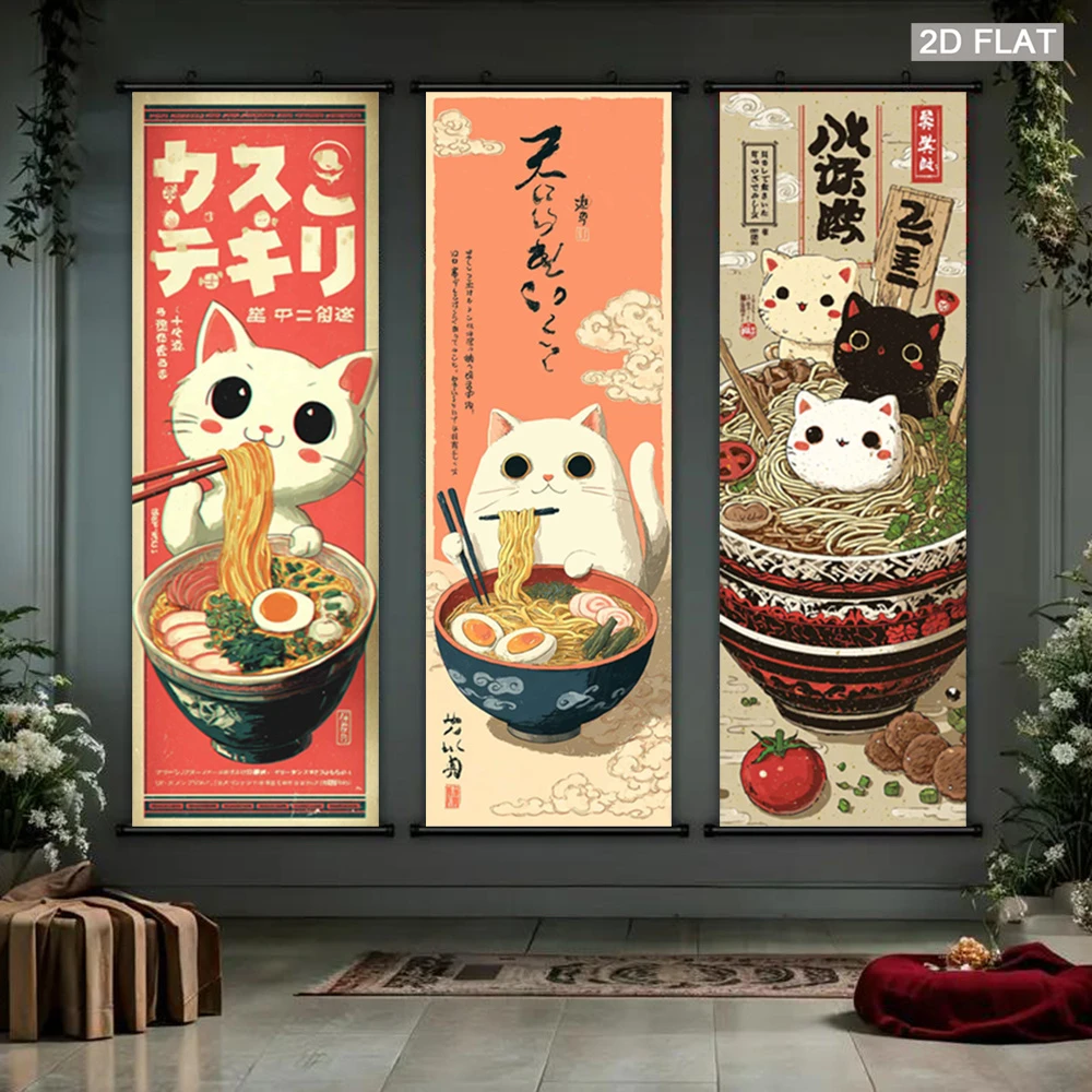 VIKAMA Cartoon Kitten Ramen Scroll Tapestry, Cute Japanese-Style Cat and Noodles Wall Hanging, Dining Room Wall Decor